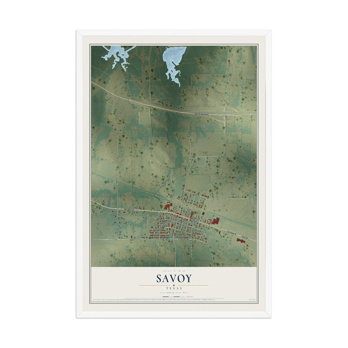 Map of Savoy, Texas, 12 x 18 inch print in a white wood frame