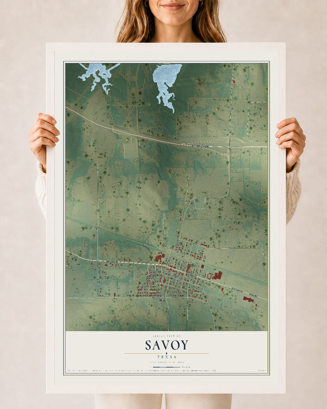 Map of Savoy, Texas, 24 x 36 inch print in a white wood frame