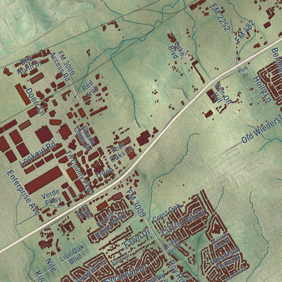 Close-up of the map of Schertz, Texas print showing street and building detail