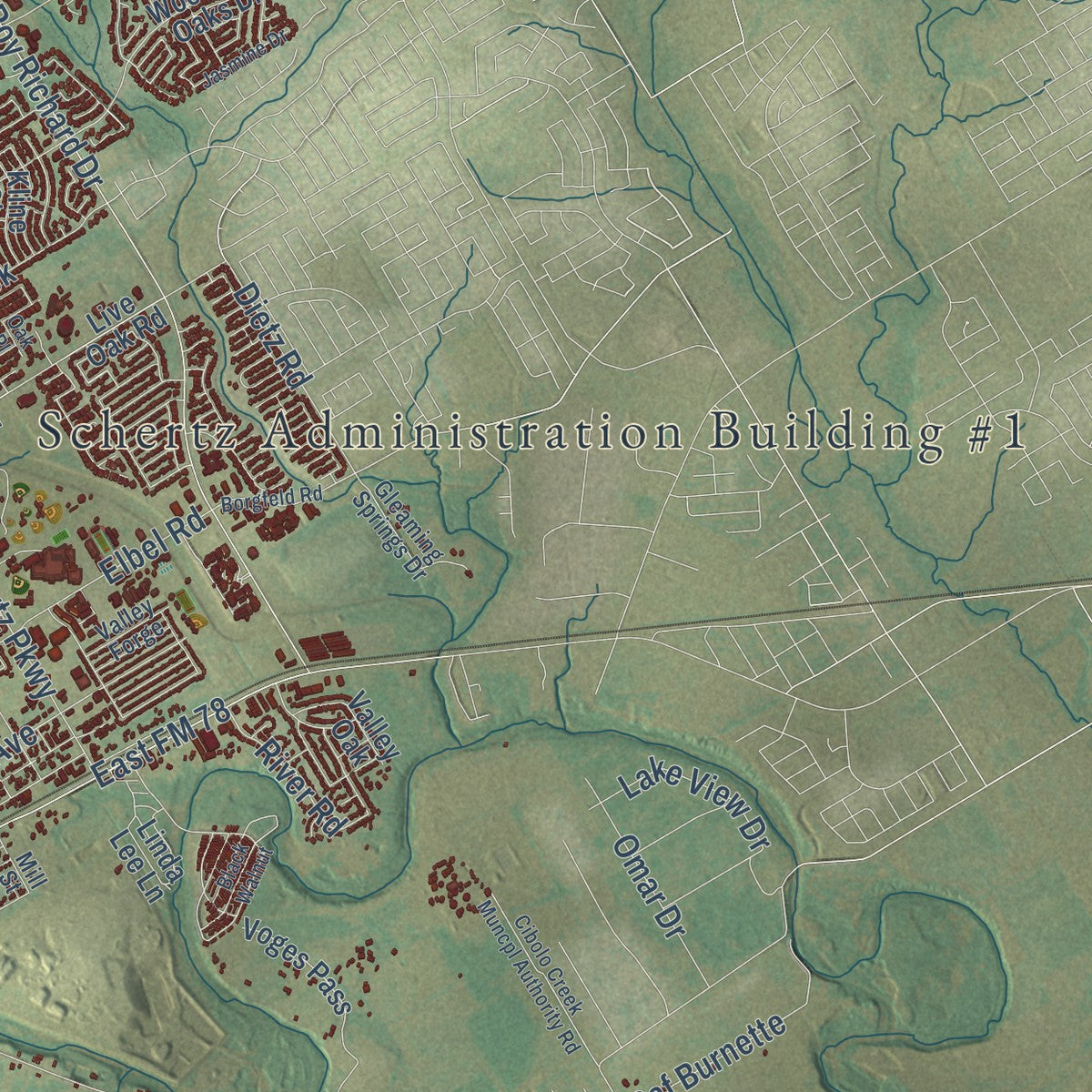 Second close-up of the map of Schertz, Texas print showing more streets and buildings
