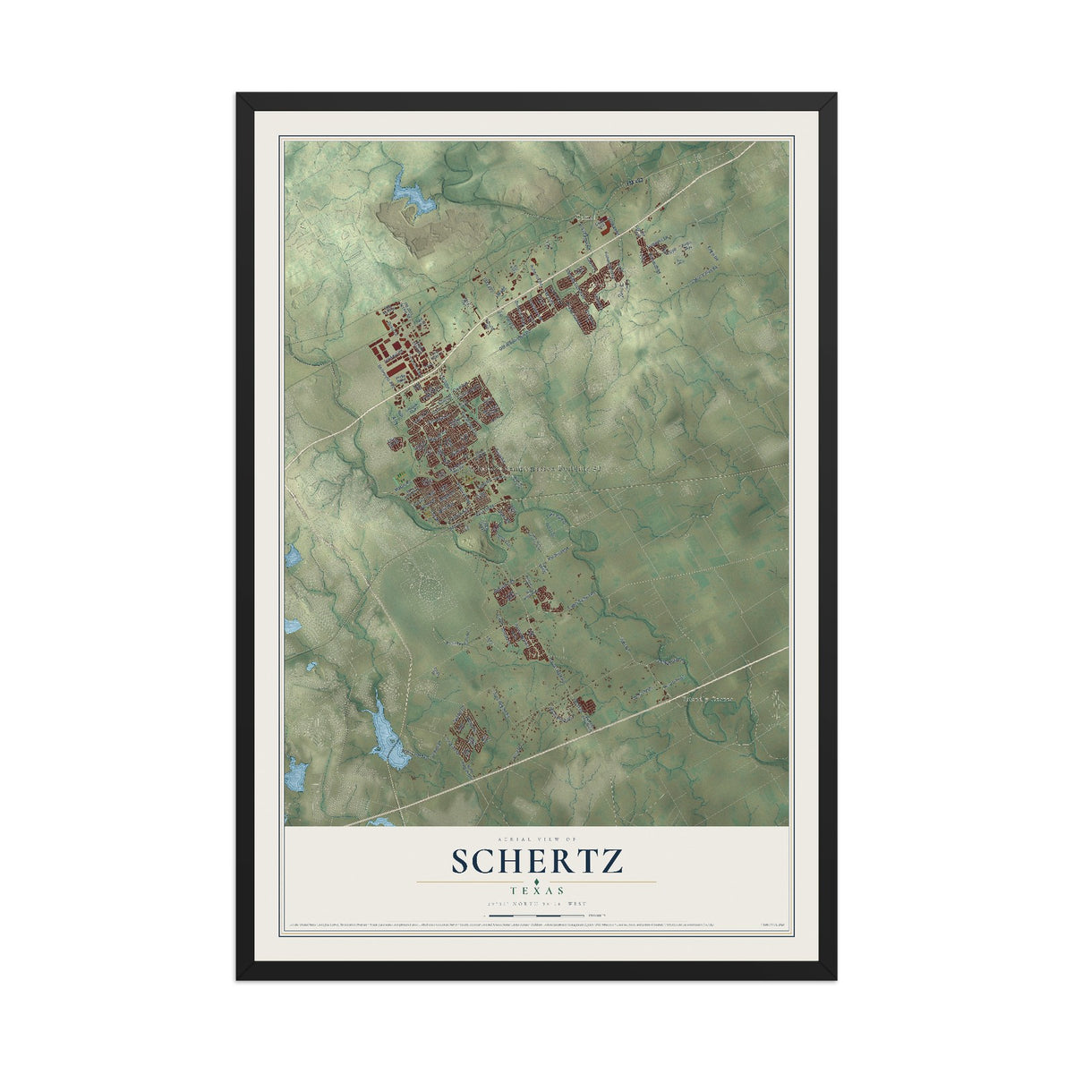 Map of Schertz, Texas, 12 x 18 inch print in a black wood frame