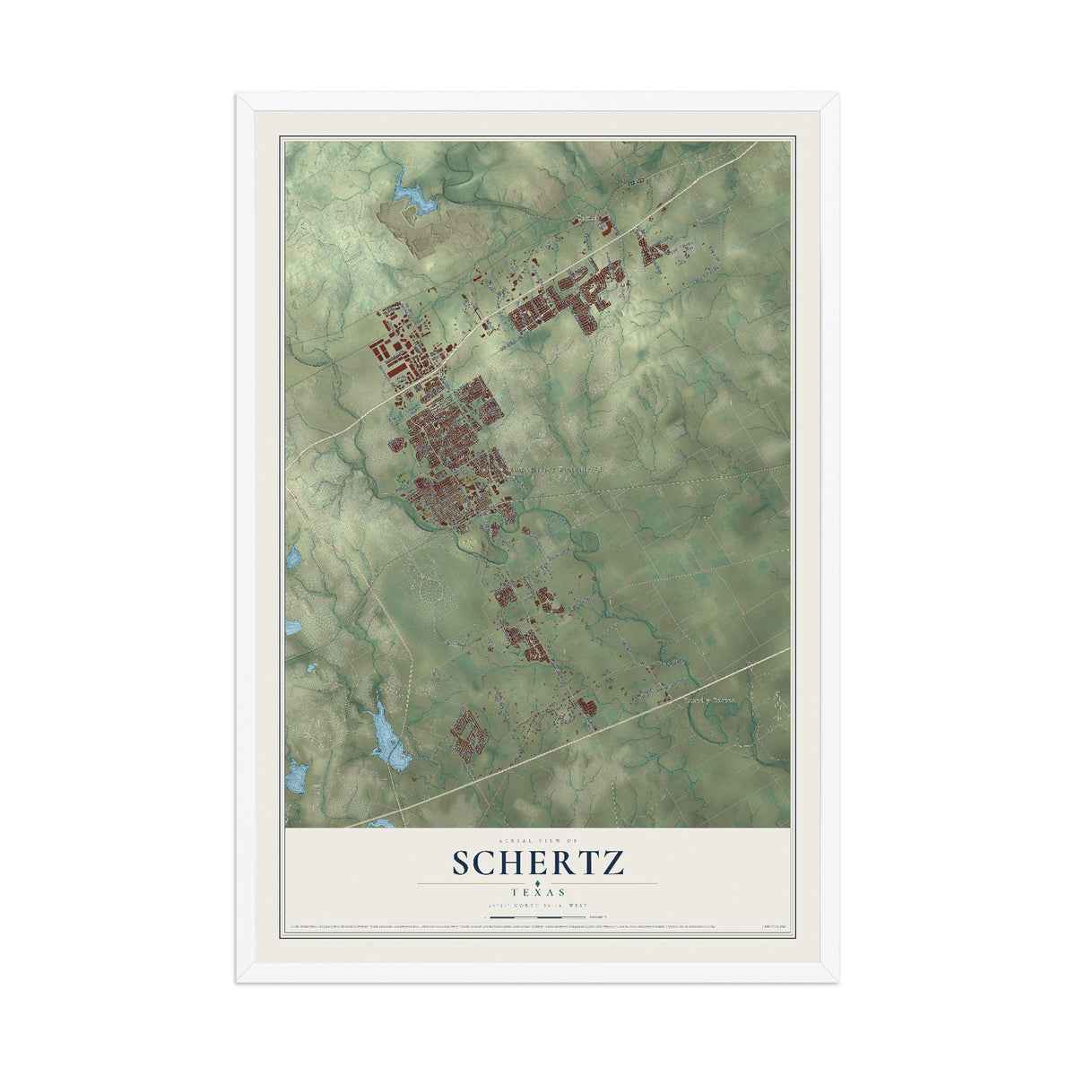 Map of Schertz, Texas, 12 x 18 inch print in a white wood frame