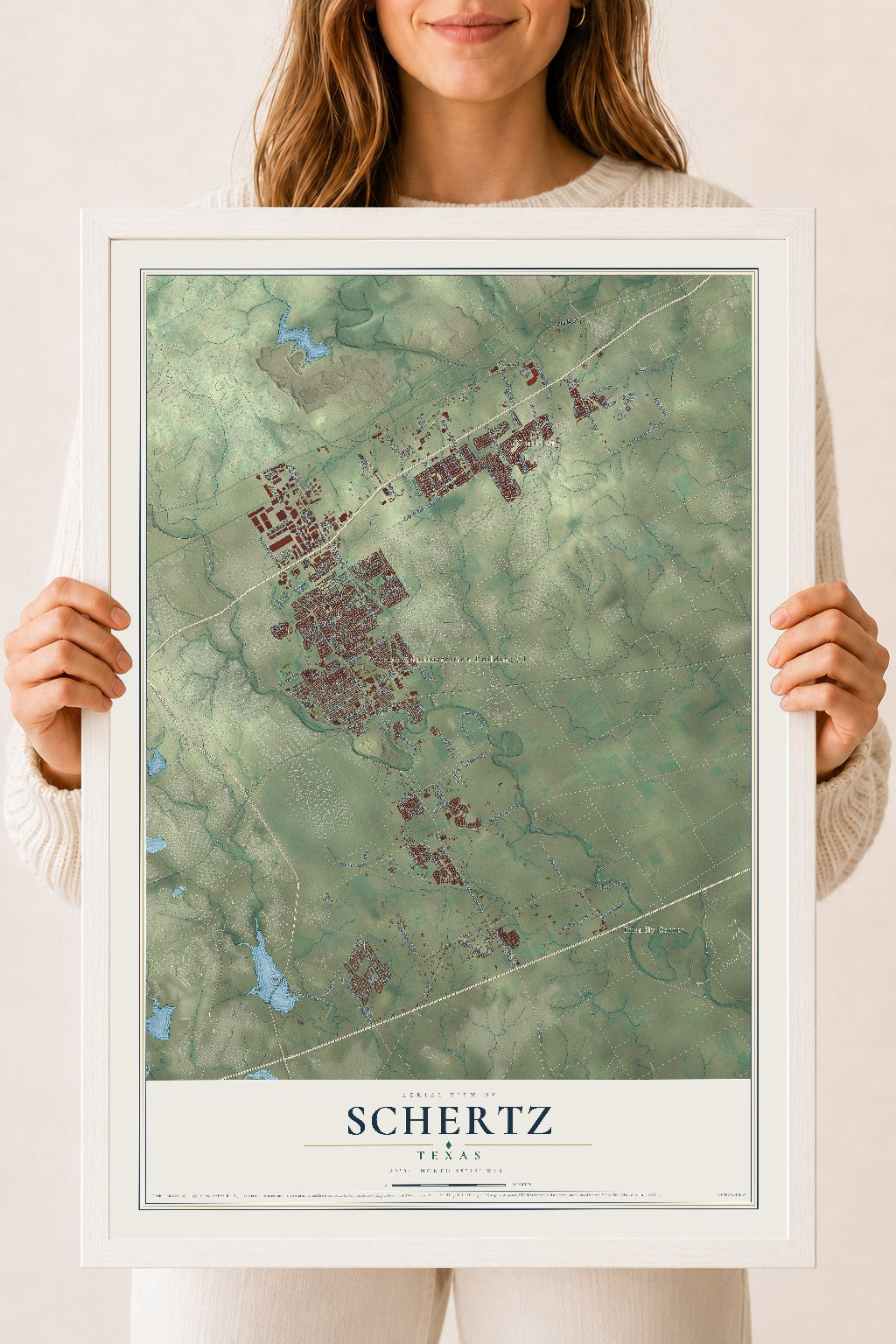 Map of Schertz, Texas, 18 x 24 inch print in a white wood frame