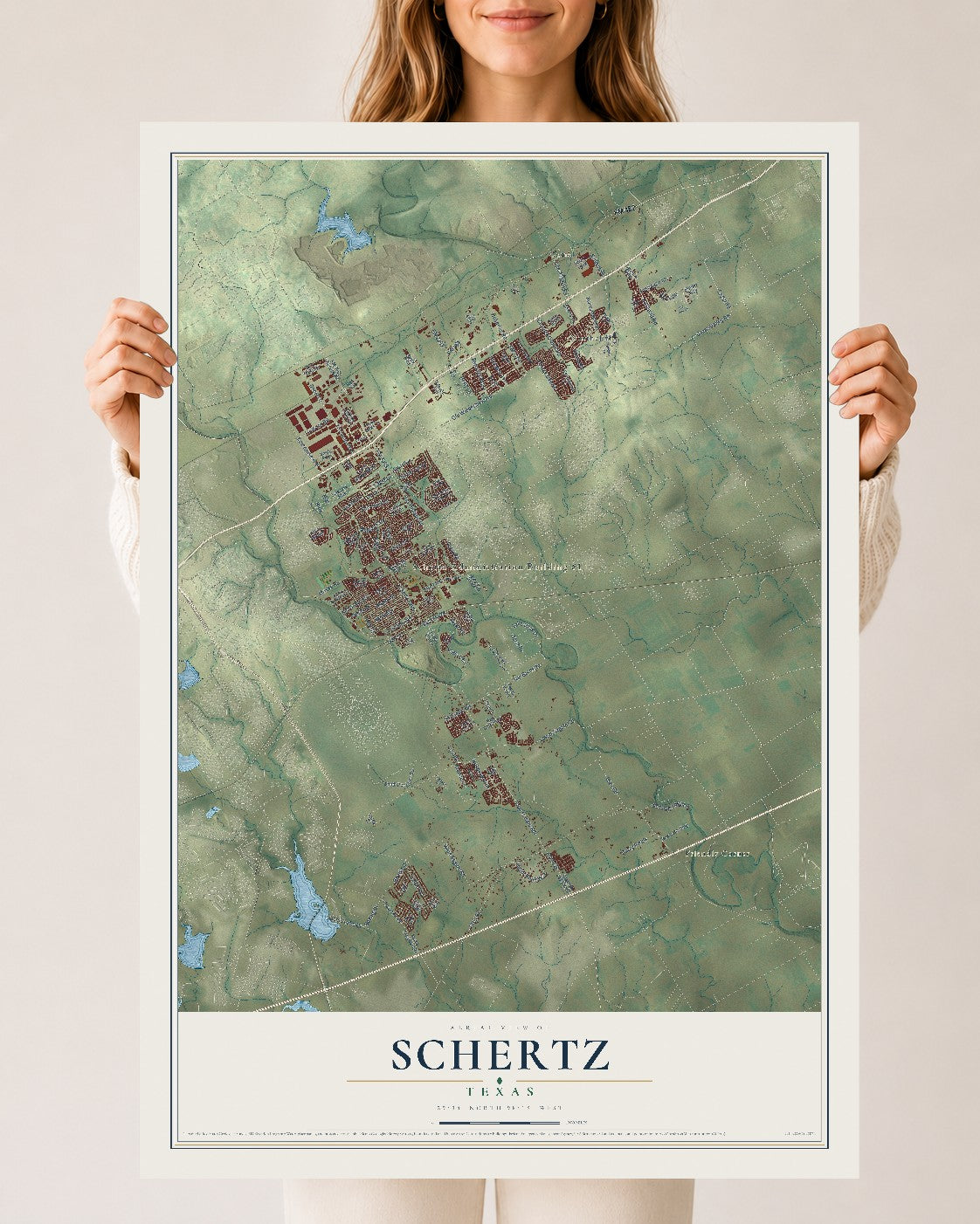 Map of Schertz, Texas, 24 x 36 inch unframed archival matte print