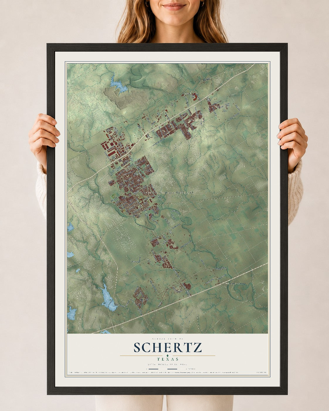 Map of Schertz, Texas, 24 x 36 inch print in a black wood frame