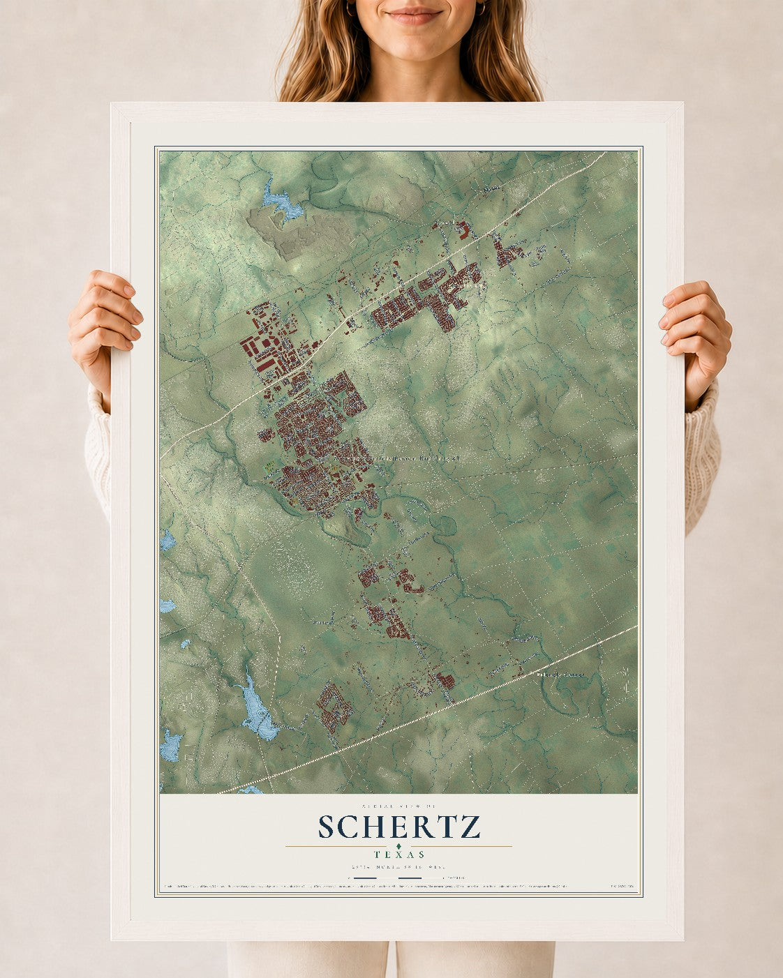 Map of Schertz, Texas, 24 x 36 inch print in a white wood frame