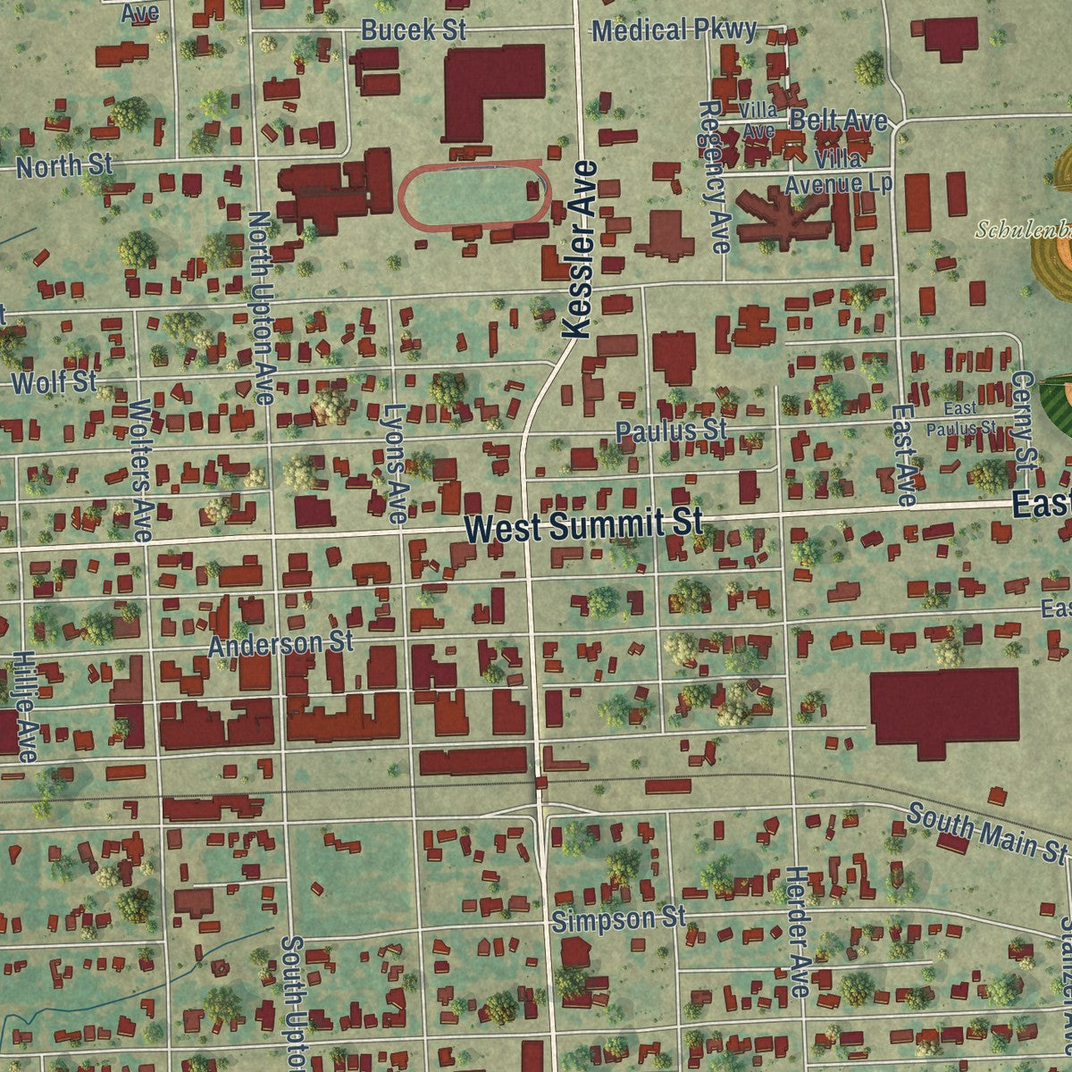 Close-up of the map of Schulenburg, Texas print showing street and building detail