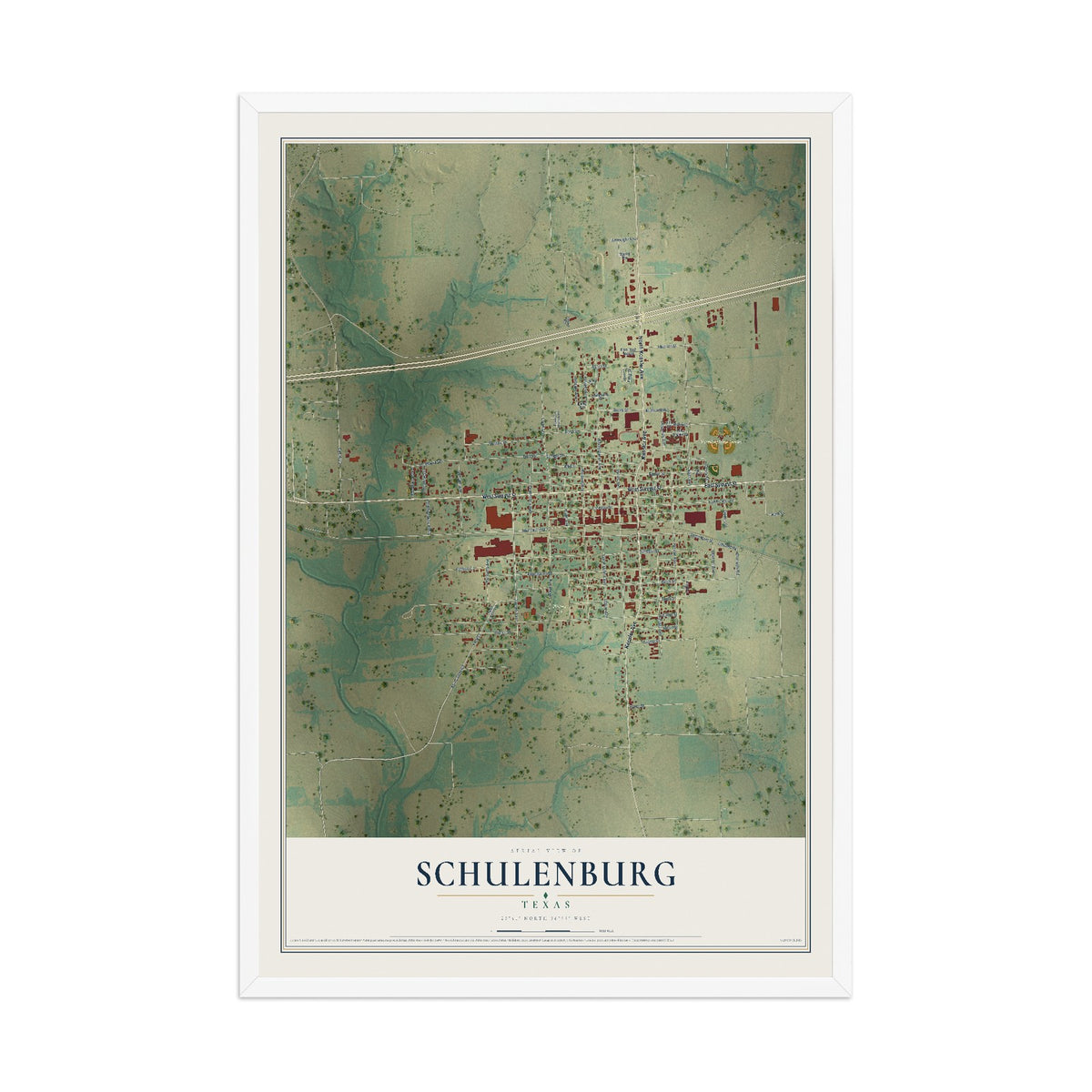 Map of Schulenburg, Texas, 12 x 18 inch print in a white wood frame