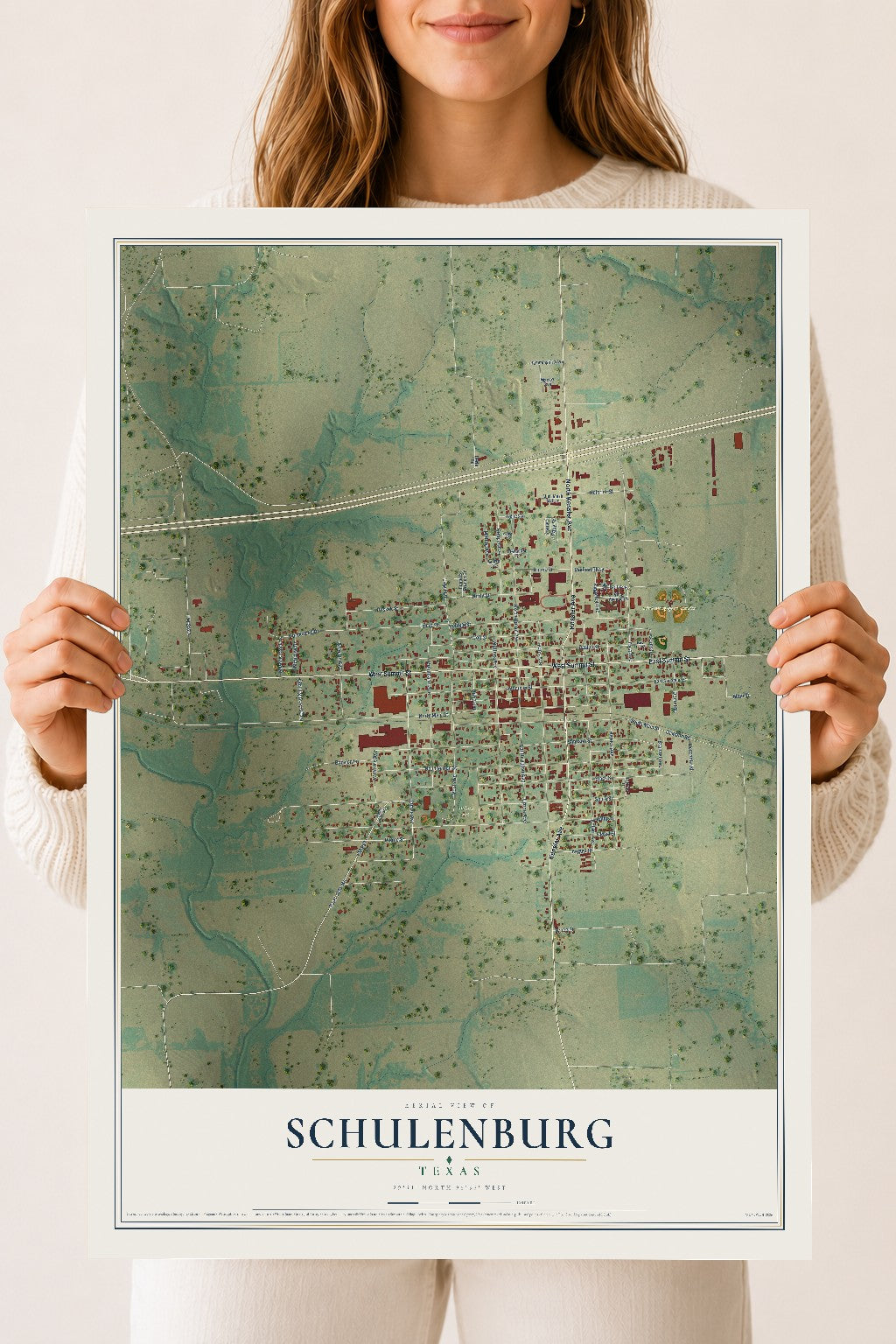 Map of Schulenburg, Texas, 18 x 24 inch unframed archival matte print