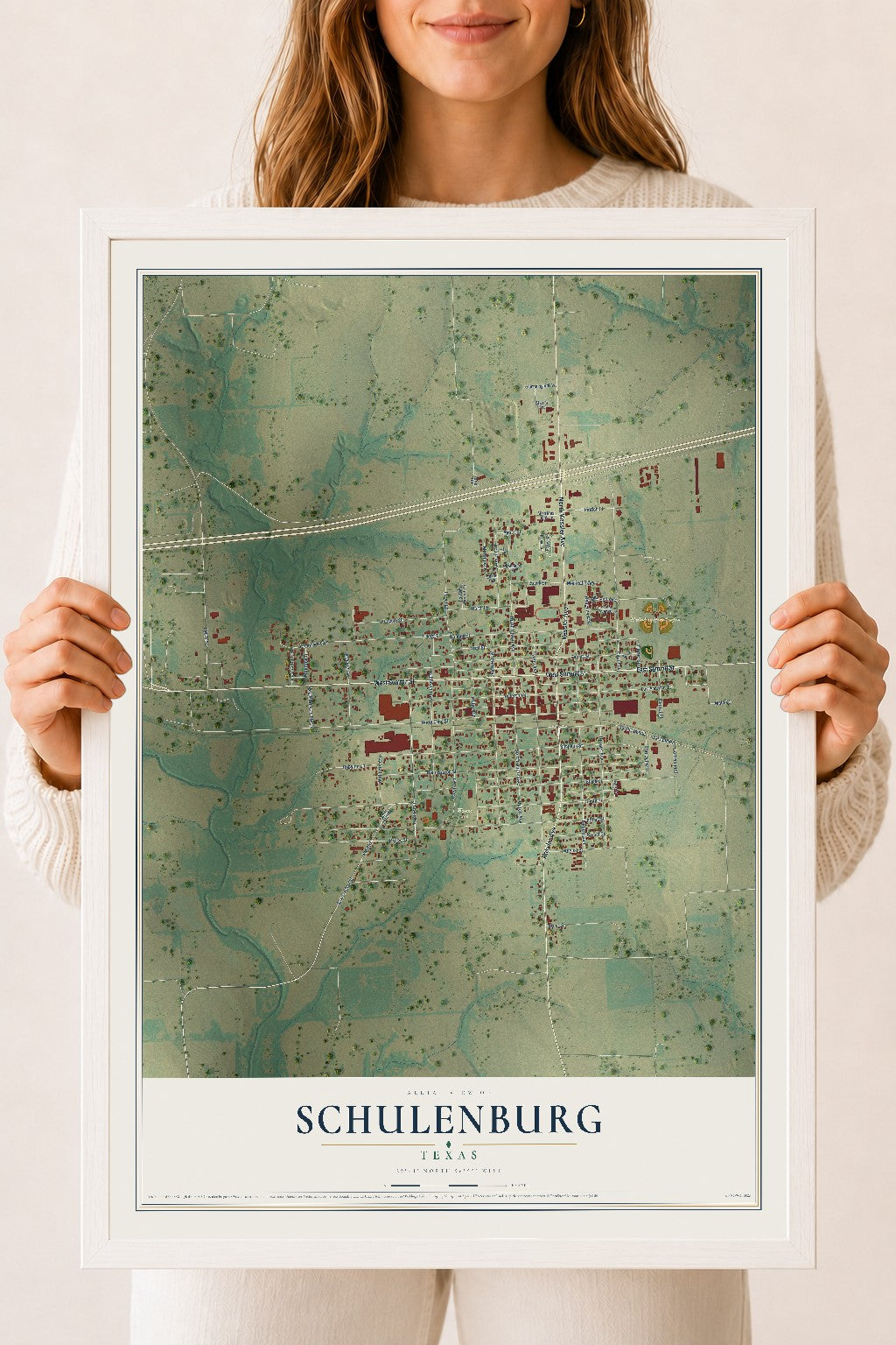 Map of Schulenburg, Texas, 18 x 24 inch print in a white wood frame
