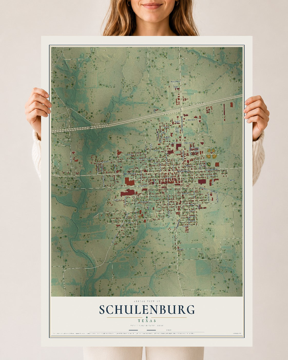 Map of Schulenburg, Texas, 24 x 36 inch unframed archival matte print