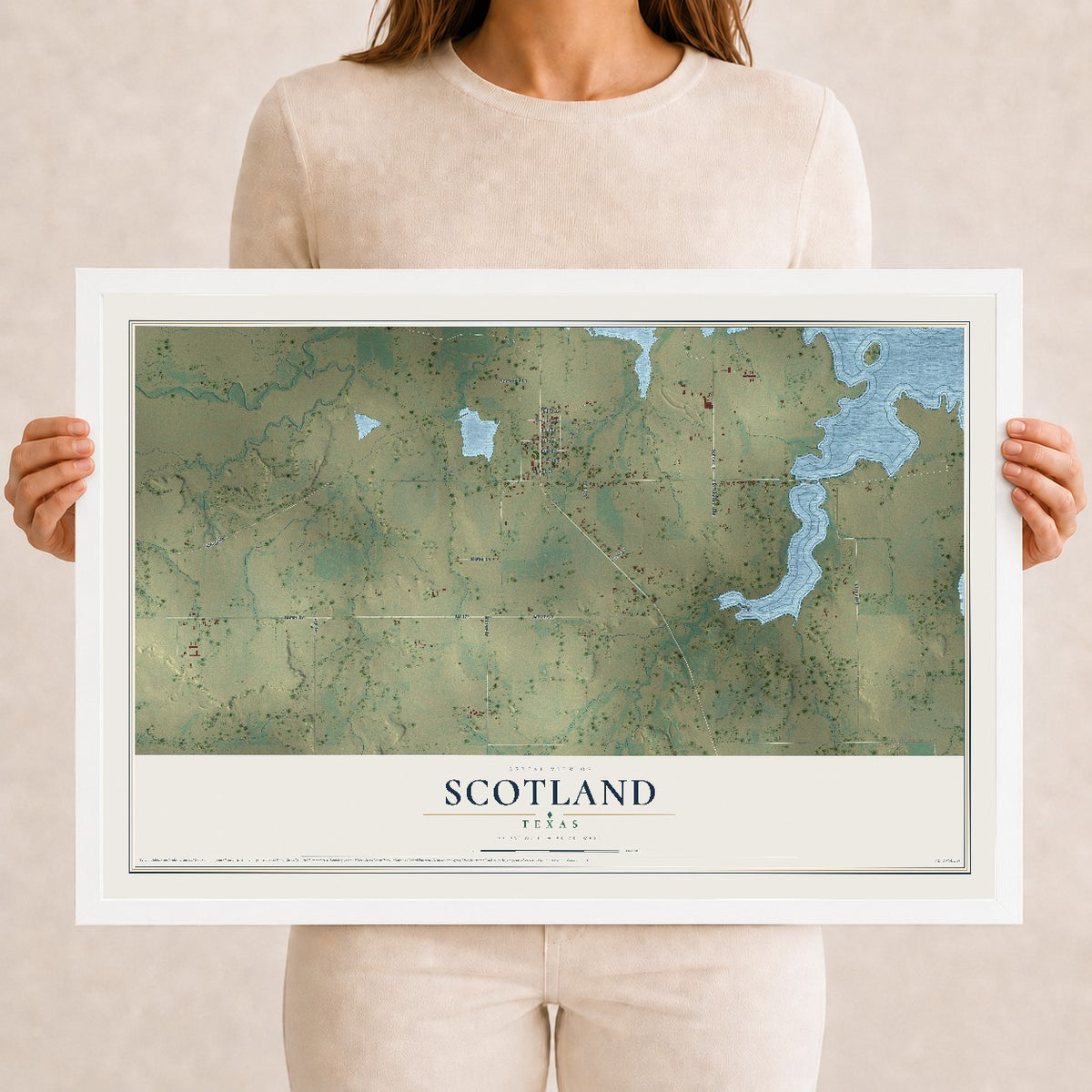 Map of Scotland, Texas, 12 x 18 inch print in a white wood frame