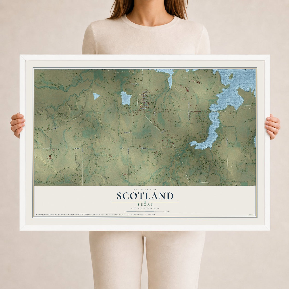 Map of Scotland, Texas, 24 x 36 inch print in a white wood frame