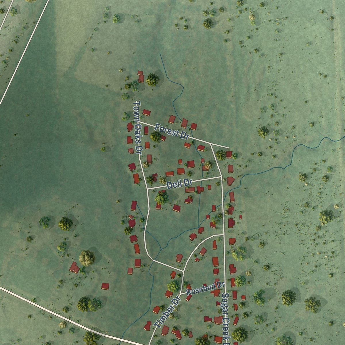 Close-up of the map of Scottsville, Texas print showing street and building detail