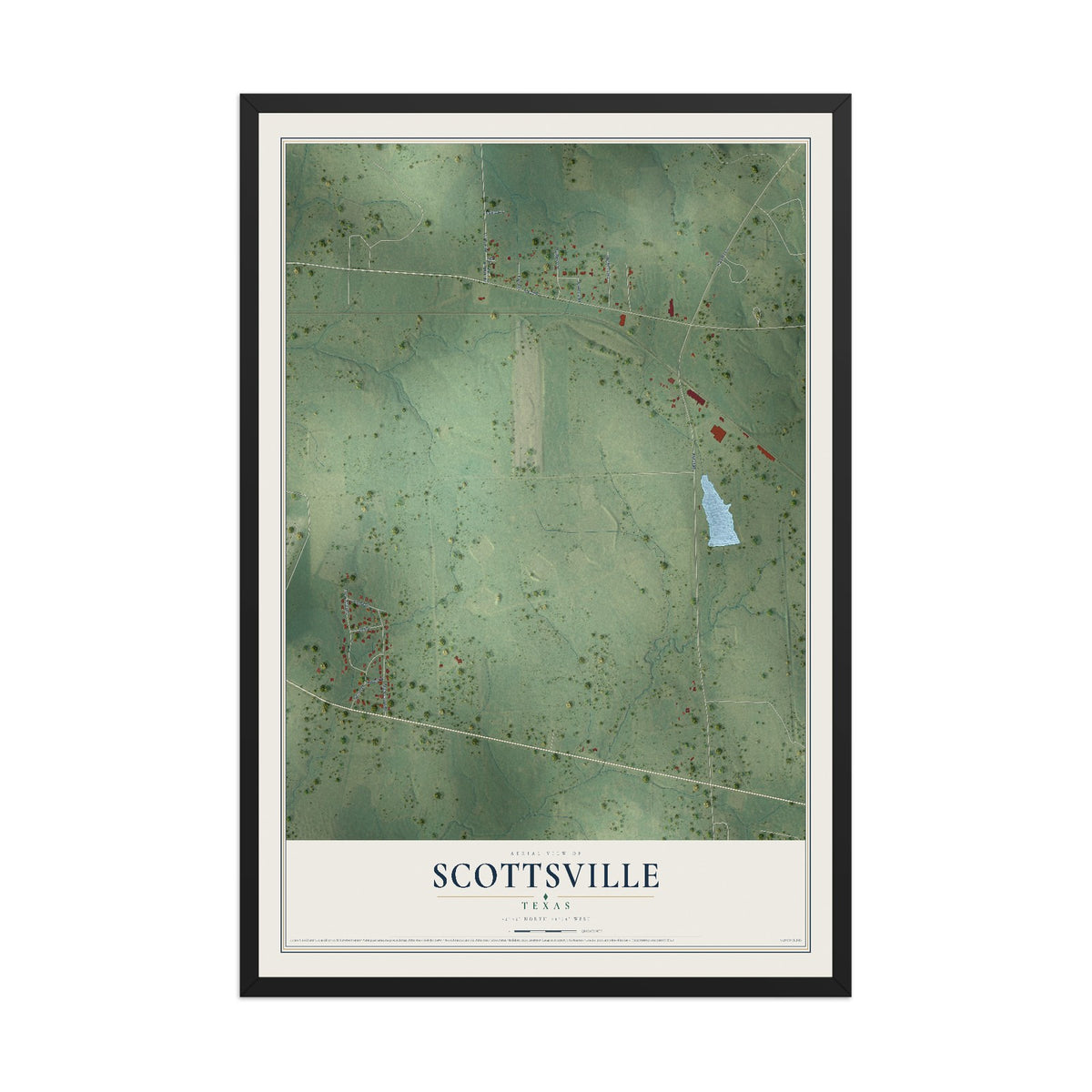 Map of Scottsville, Texas, 12 x 18 inch print in a black wood frame