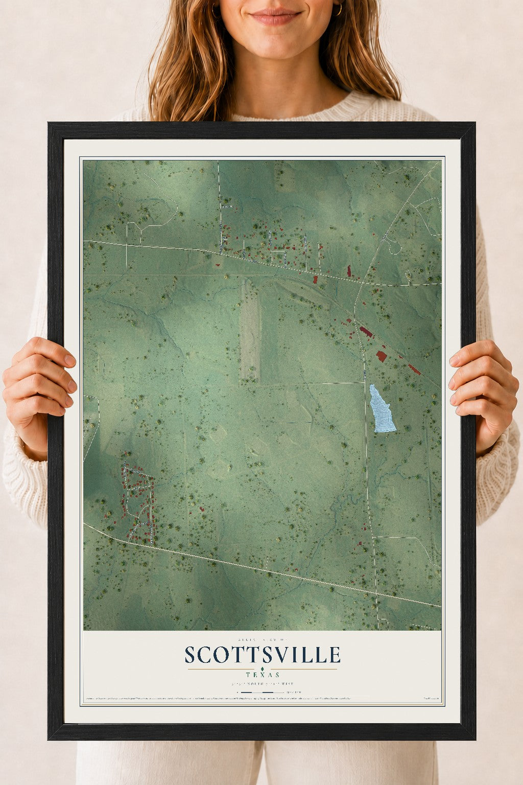 Map of Scottsville, Texas, 18 x 24 inch print in a black wood frame