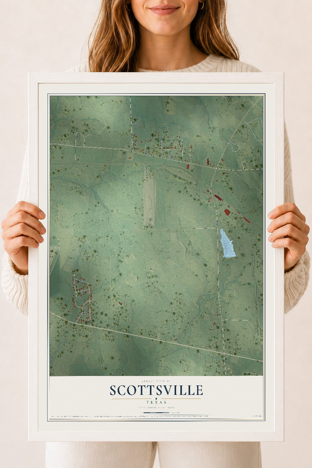 Map of Scottsville, Texas, 18 x 24 inch print in a white wood frame