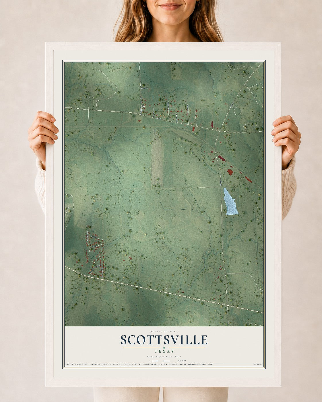 Map of Scottsville, Texas, 24 x 36 inch print in a white wood frame