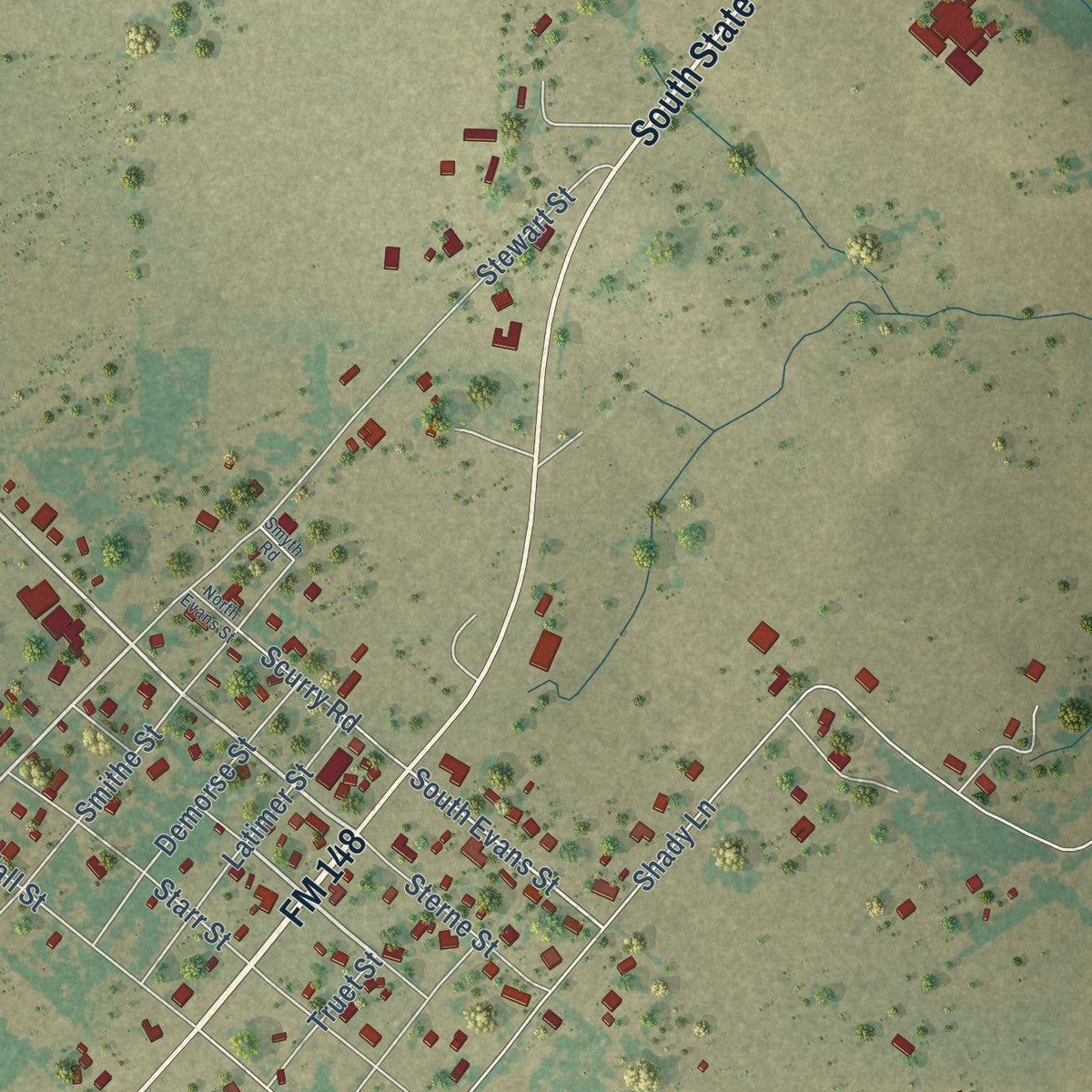 Close-up of the map of Scurry, Texas print showing street and building detail