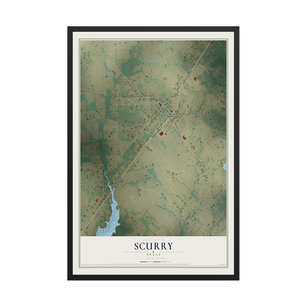 Map of Scurry, Texas, 12 x 18 inch print in a black wood frame
