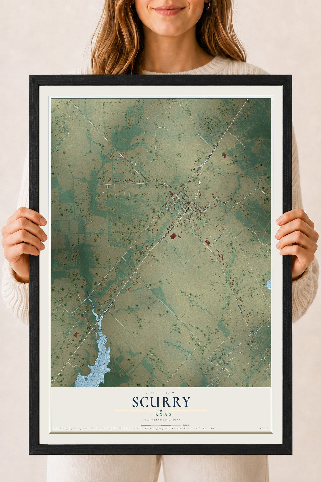 Map of Scurry, Texas, 18 x 24 inch print in a black wood frame