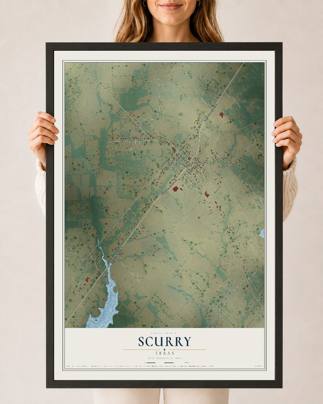 Map of Scurry, Texas, 24 x 36 inch print in a black wood frame
