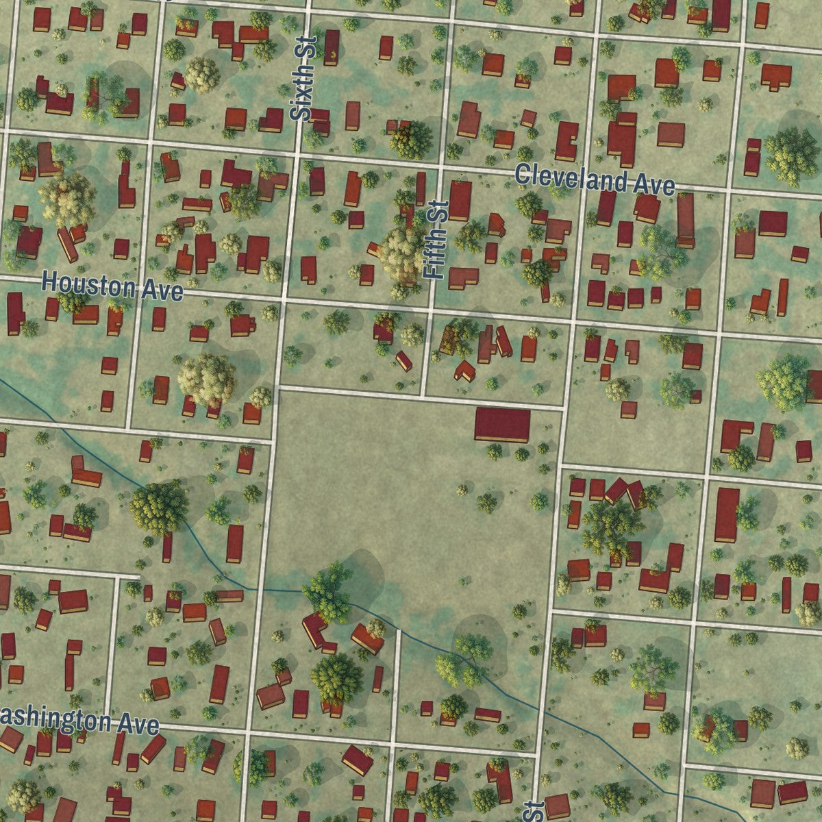 Close-up of the map of Seadrift, Texas print showing street and building detail
