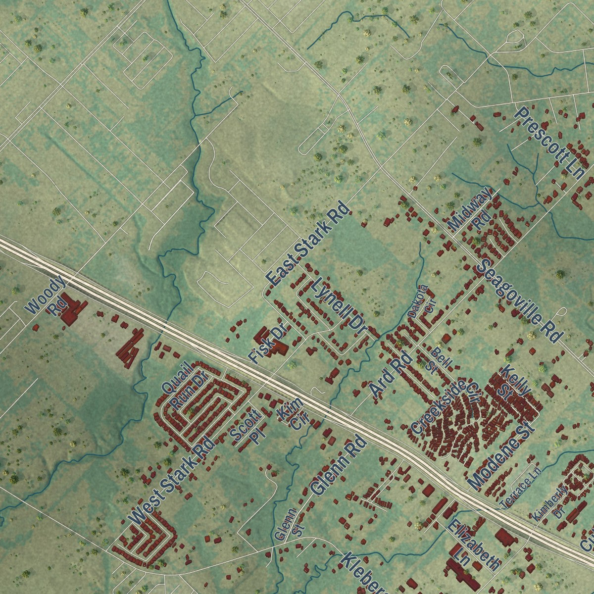 Second close-up of the map of Seagoville, Texas print showing more streets and buildings
