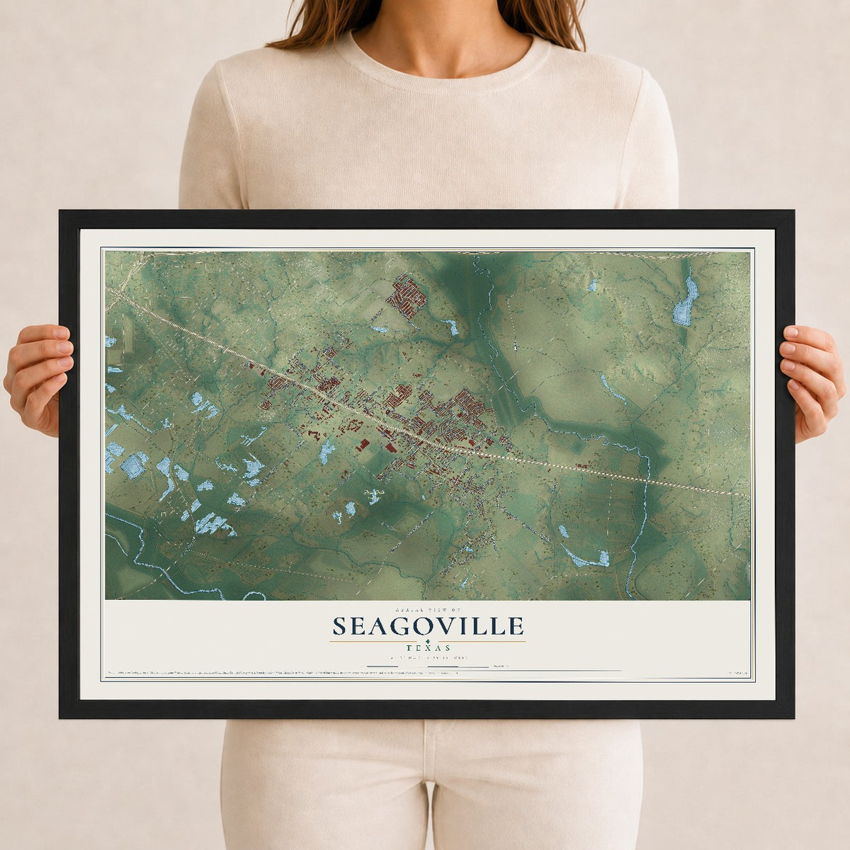 Map of Seagoville, Texas, 12 x 18 inch print in a black wood frame