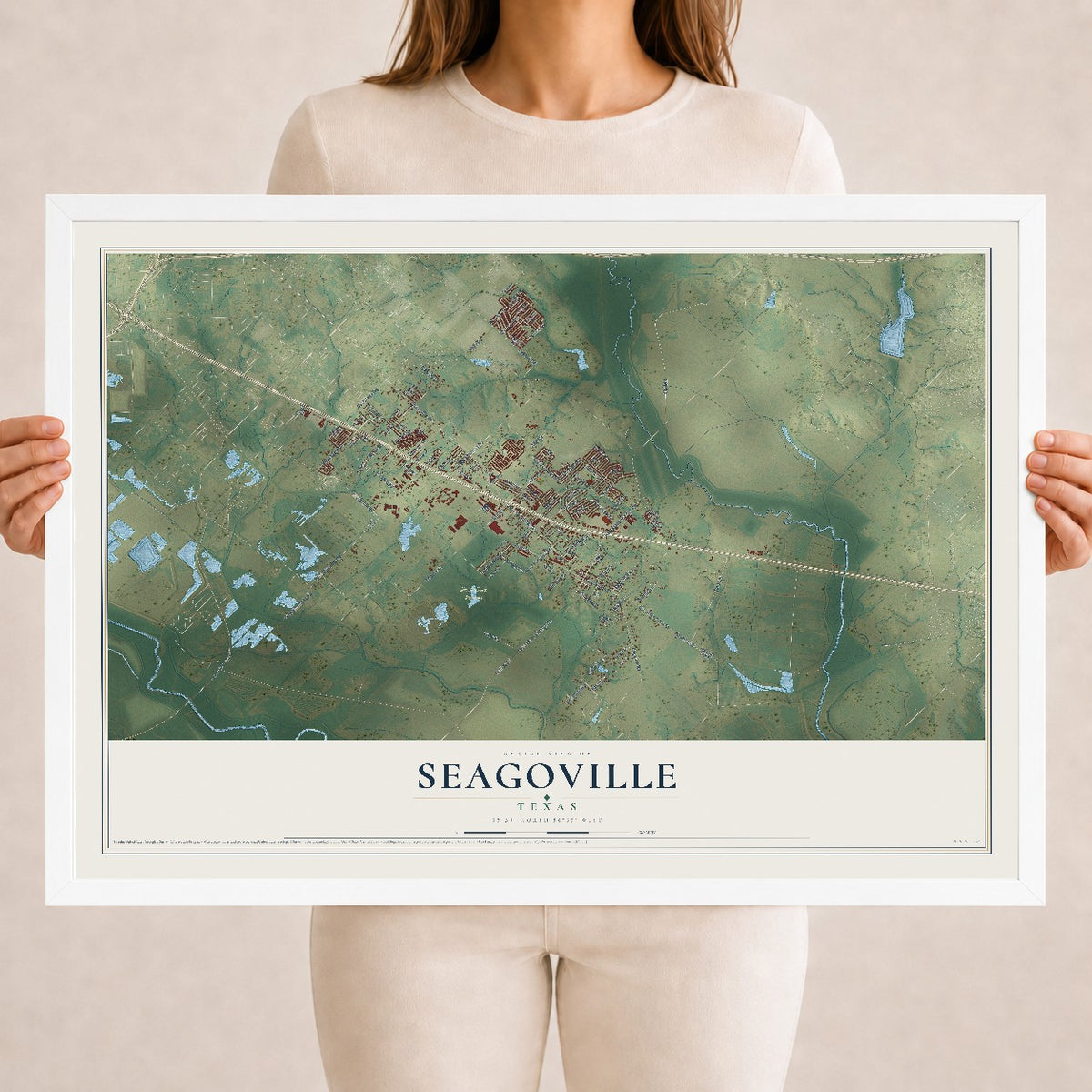 Map of Seagoville, Texas, 18 x 24 inch print in a white wood frame