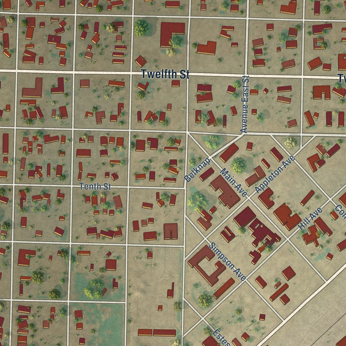 Close-up of the map of Seagraves, Texas print showing street and building detail