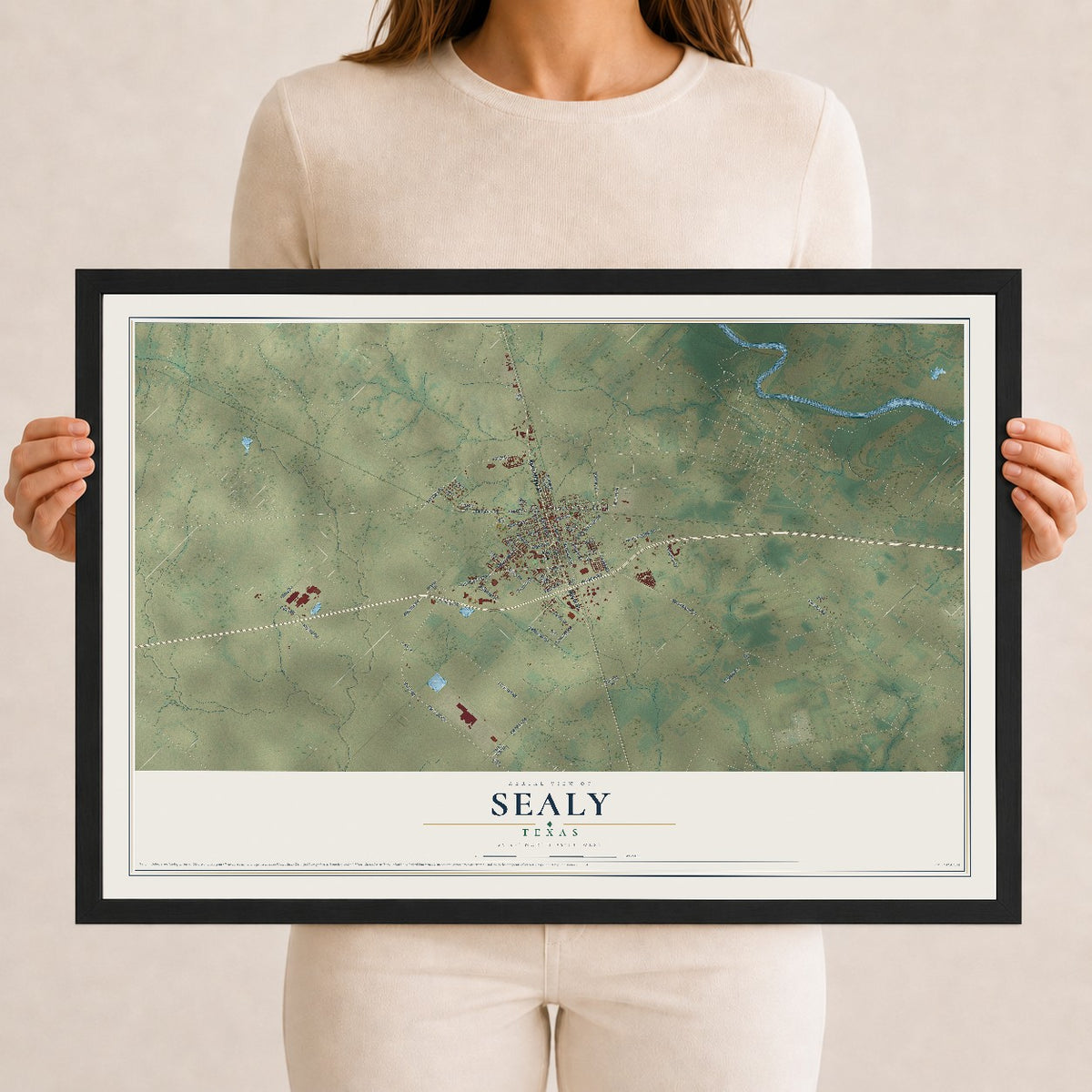 Map of Sealy, Texas, 12 x 18 inch print in a black wood frame
