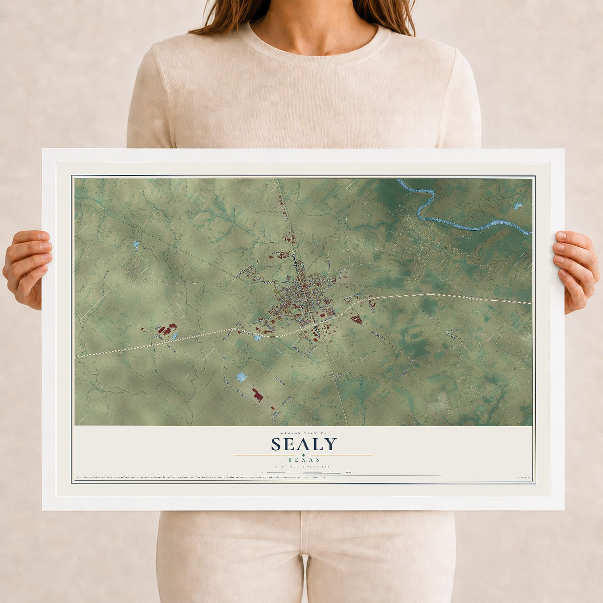 Map of Sealy, Texas, 12 x 18 inch print in a white wood frame