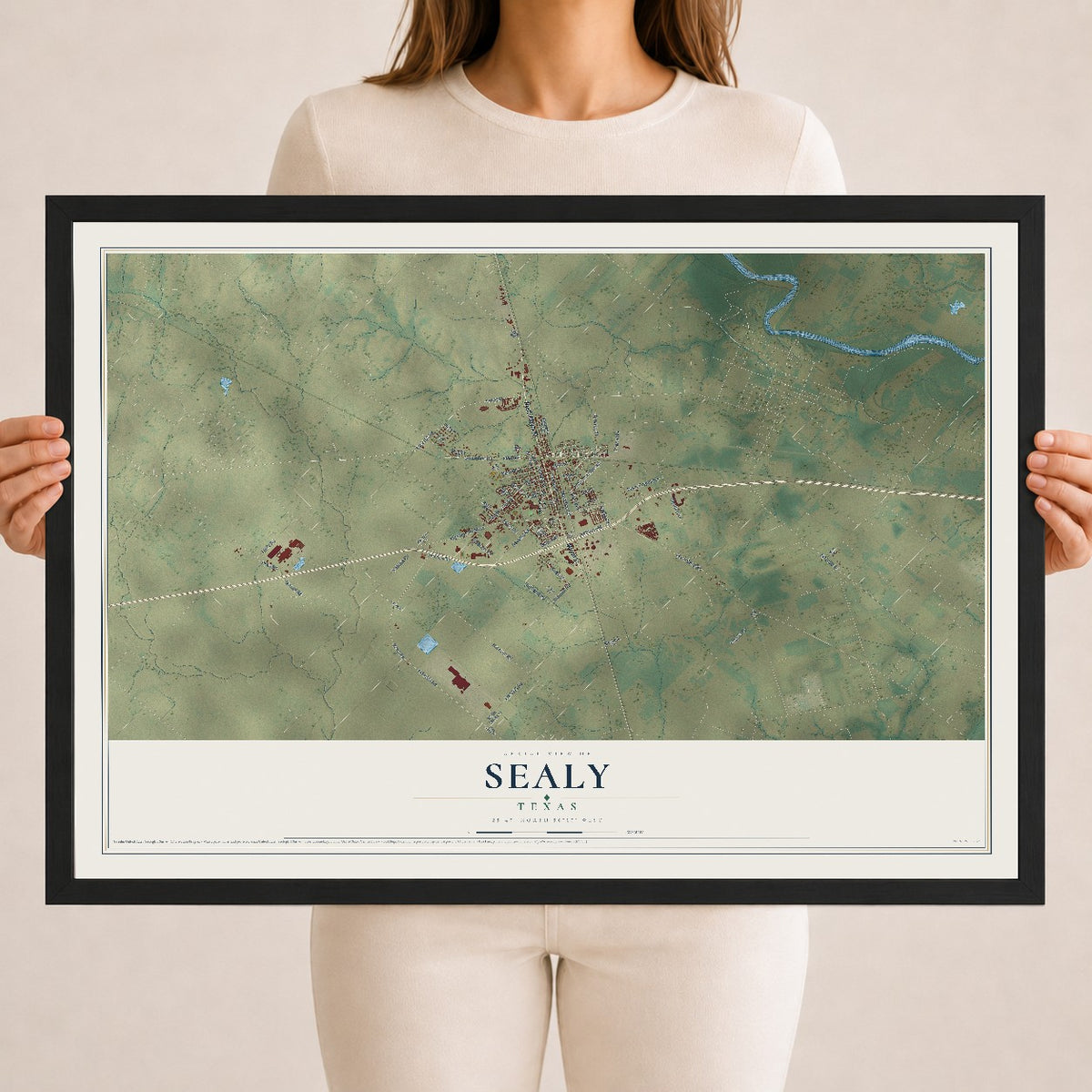 Map of Sealy, Texas, 18 x 24 inch print in a black wood frame