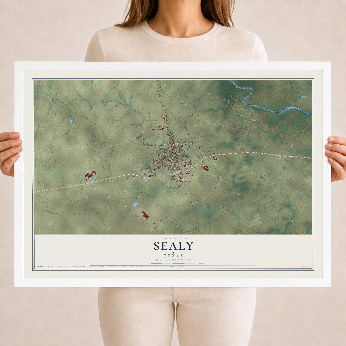 Map of Sealy, Texas, 18 x 24 inch print in a white wood frame