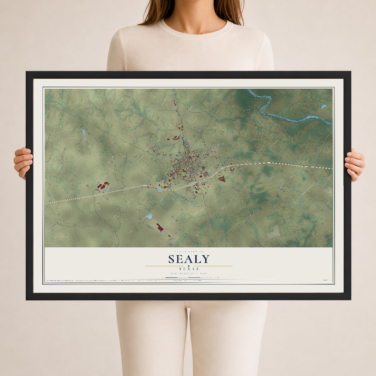Map of Sealy, Texas, 24 x 36 inch print in a black wood frame
