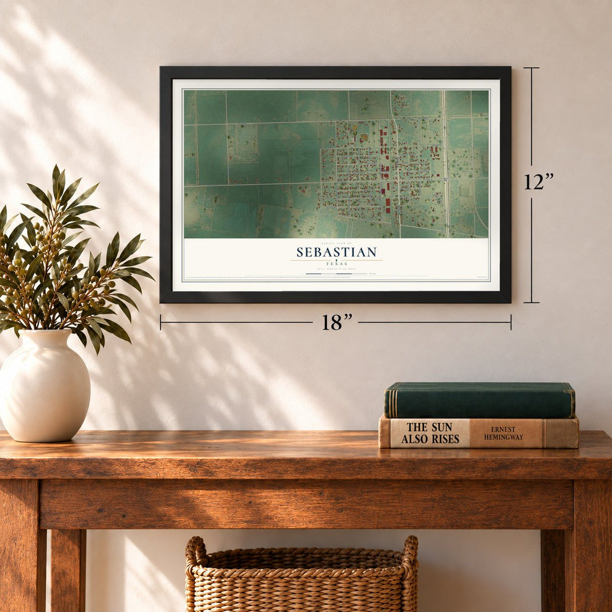 Sebastian, Texas map, 12 x 18 inch print in a black frame in an entryway