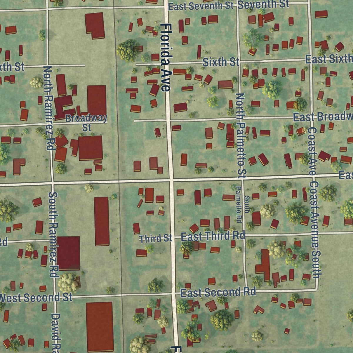 Close-up of the map of Sebastian, Texas print showing street and building detail