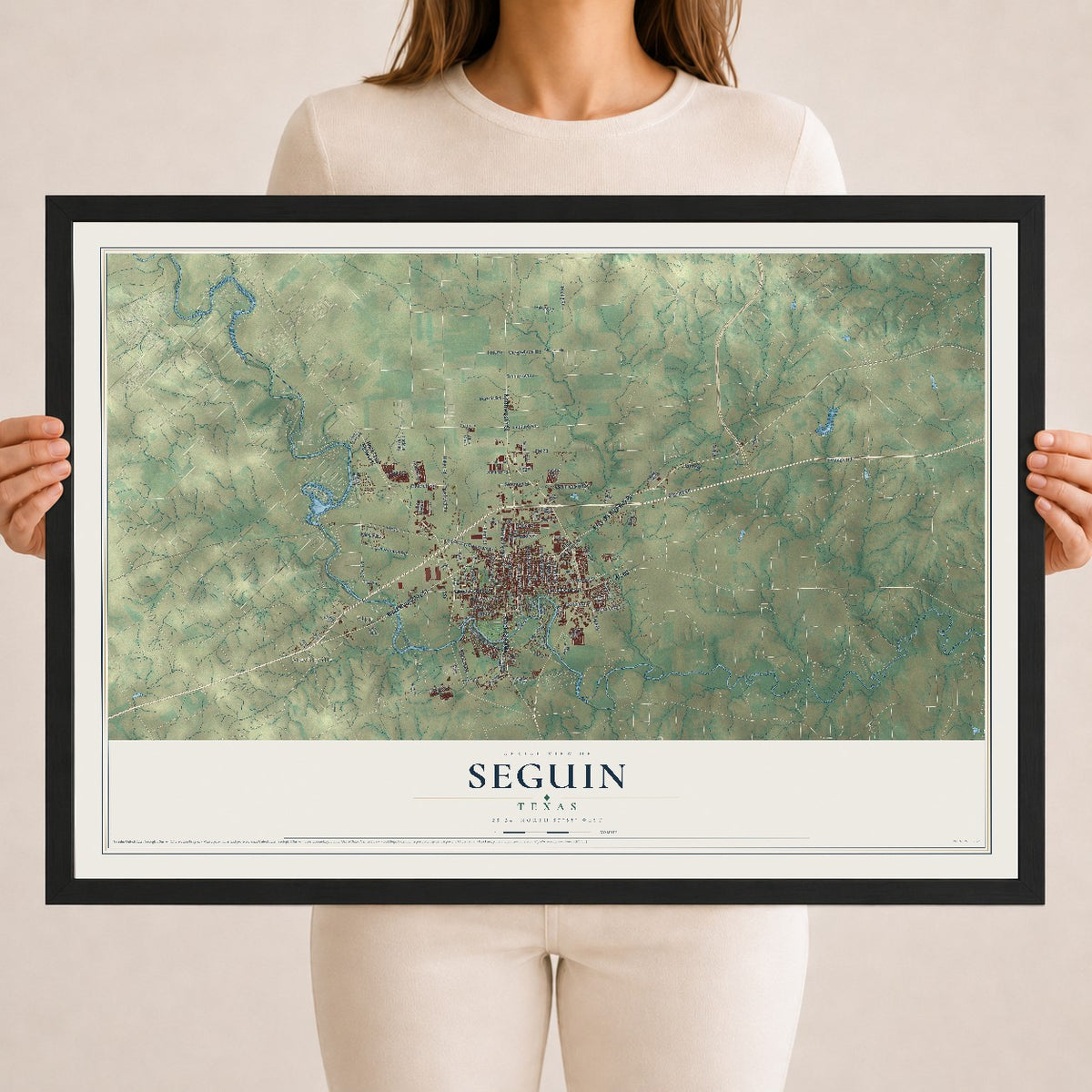 Map of Seguin, Texas, 18 x 24 inch print in a black wood frame