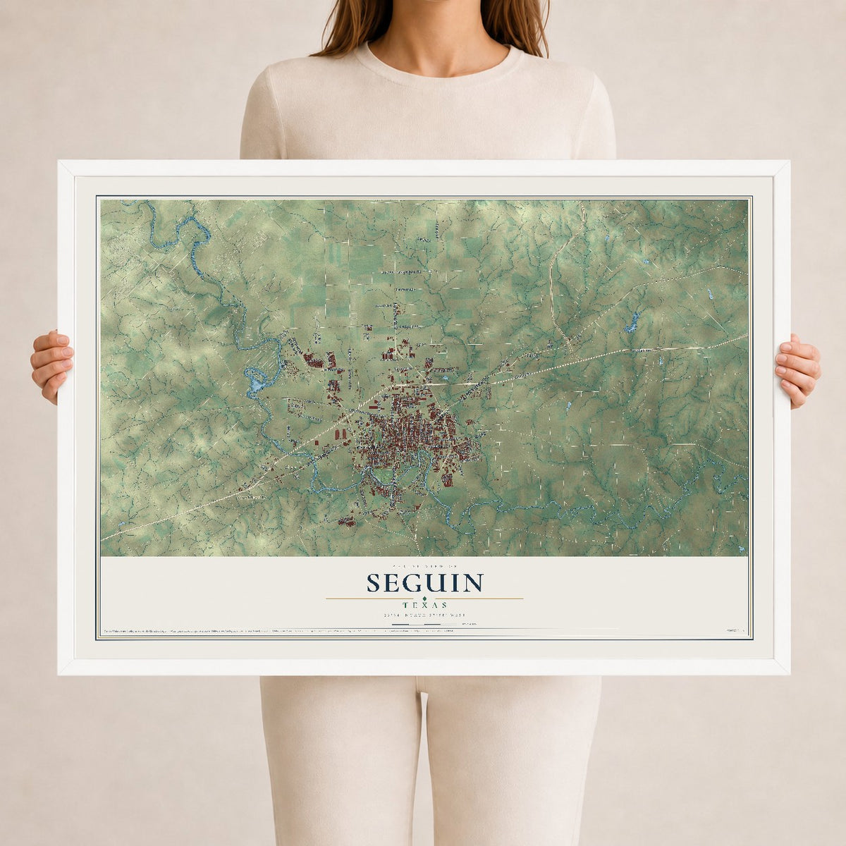 Map of Seguin, Texas, 24 x 36 inch print in a white wood frame
