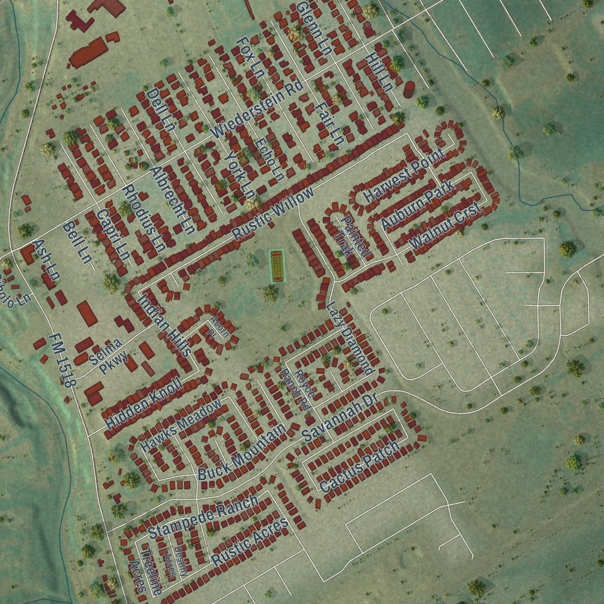 Second close-up of the map of Selma, Texas print showing more streets and buildings