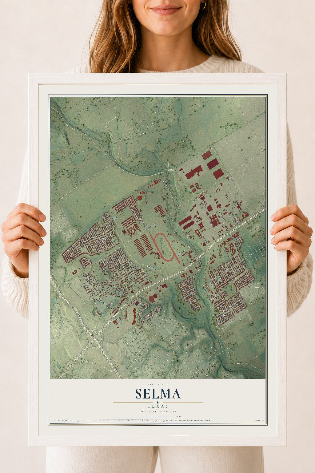 Map of Selma, Texas, 18 x 24 inch print in a white wood frame