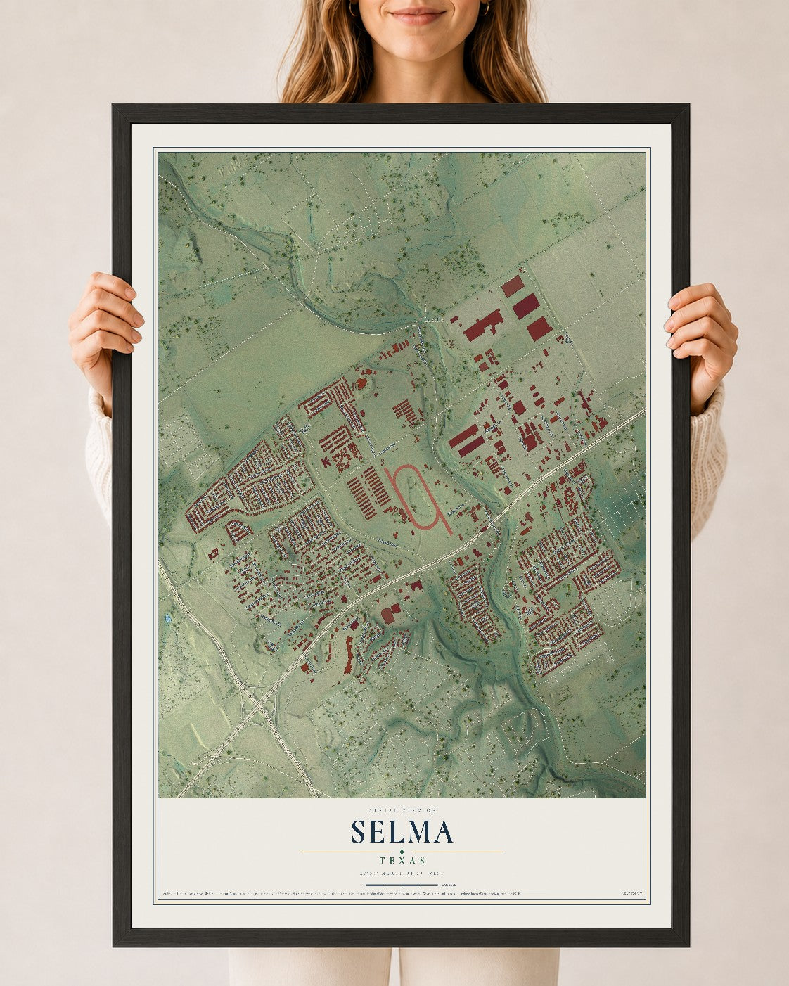 Map of Selma, Texas, 24 x 36 inch print in a black wood frame