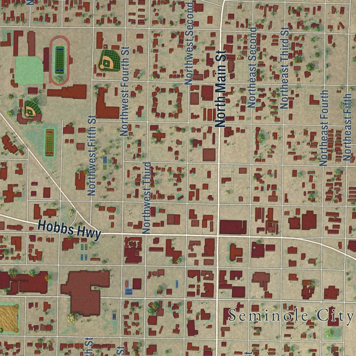 Close-up of the map of Seminole, Texas print showing street and building detail