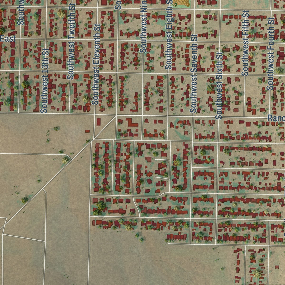 Second close-up of the map of Seminole, Texas print showing more streets and buildings