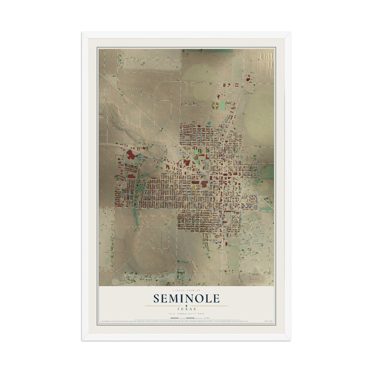 Map of Seminole, Texas, 12 x 18 inch print in a white wood frame