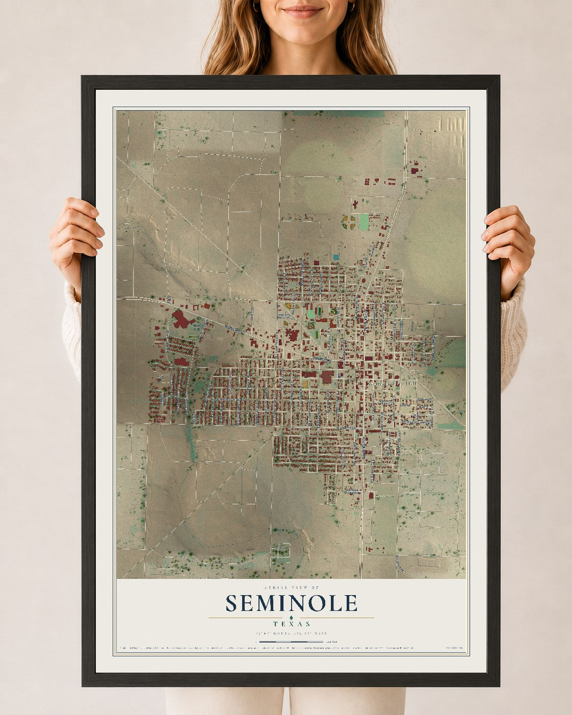 Map of Seminole, Texas, 24 x 36 inch print in a black wood frame