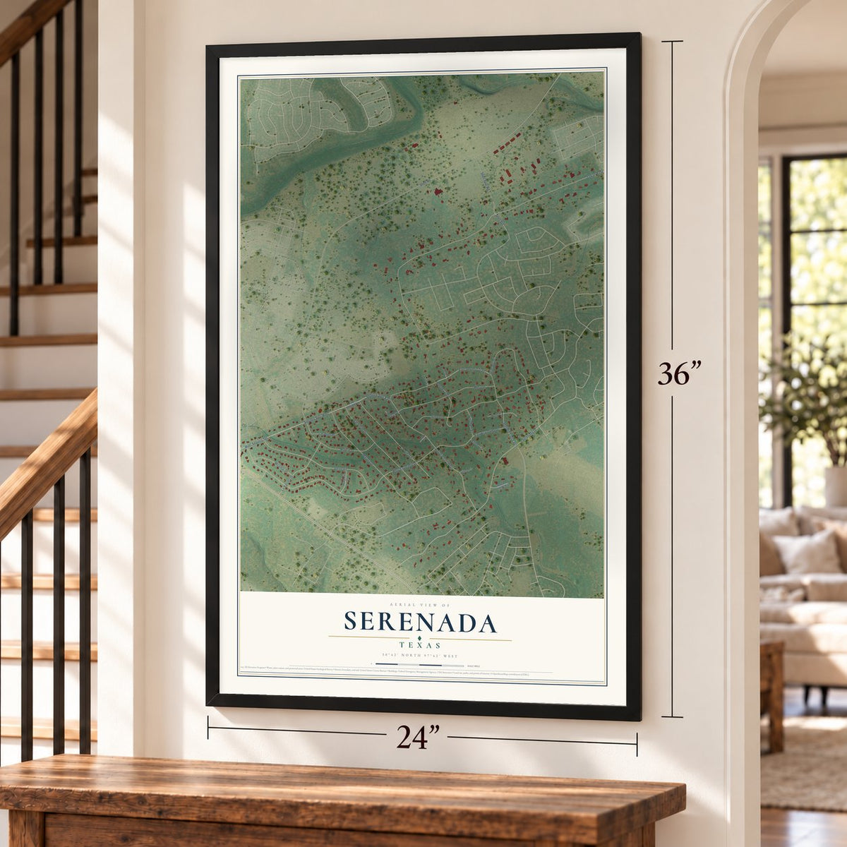 Serenada, Texas map, 24 x 36 inch print in a black frame by a staircase