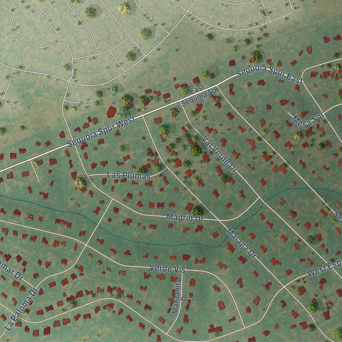 Close-up of the map of Serenada, Texas print showing street and building detail