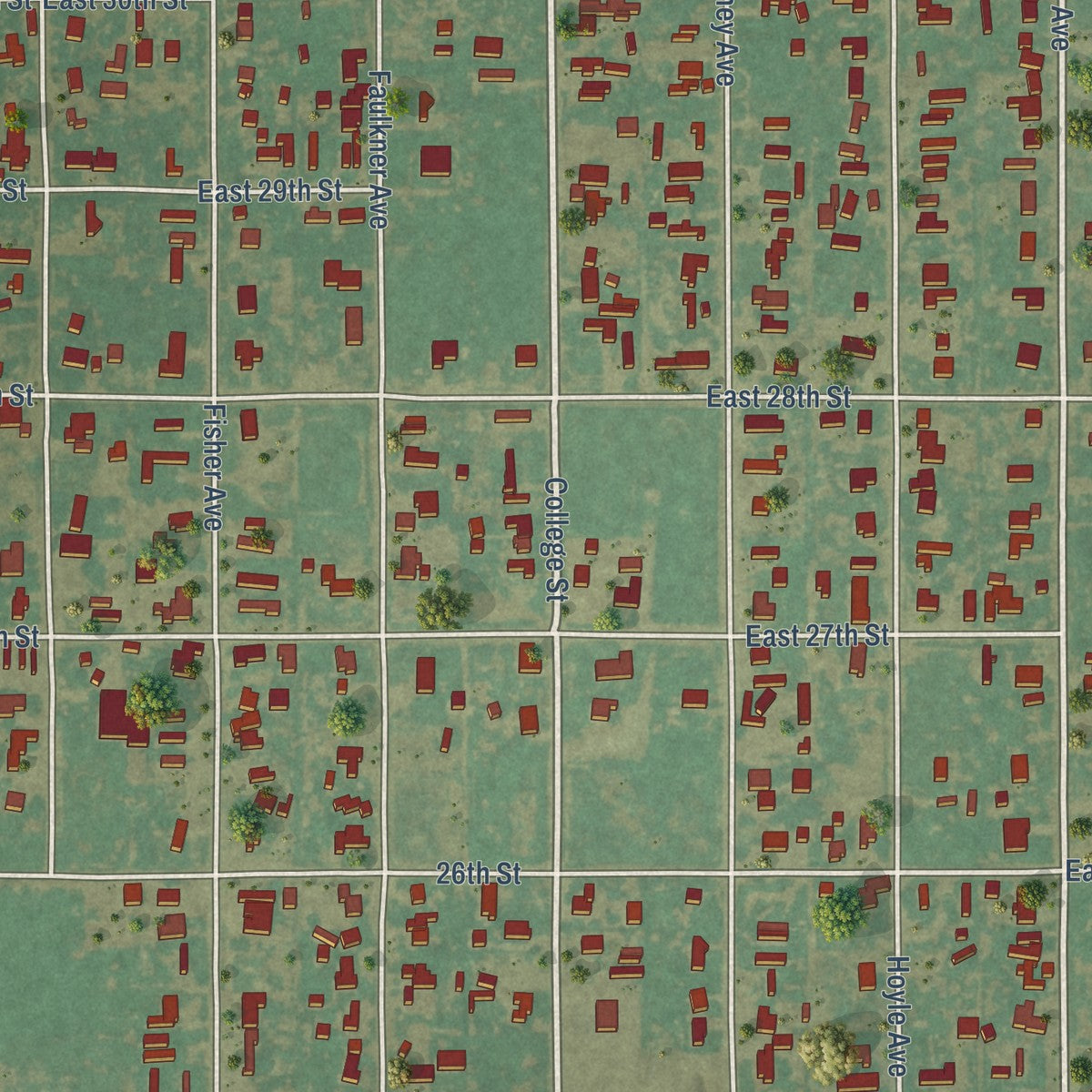 Close-up of the map of Seth Ward, Texas print showing street and building detail